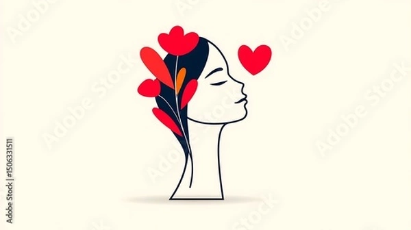 Obraz One-line drawing of woman with abstract flowers and heart
