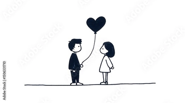 Obraz continuous line of couple with love heart-shaped balloon