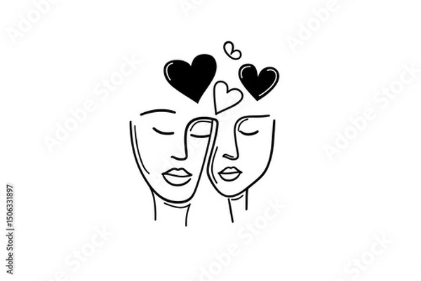 Obraz Continuous line art of two faces with love hearts