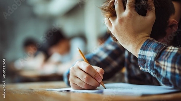 Fototapeta Stressed student hand writing exam answers in classroom setting