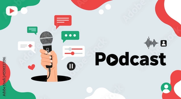 Fototapeta A modern flat vector illustration focused on podcasting and audio content creation. On a soft light gray background with abstract colorful shapes in red, green, and white