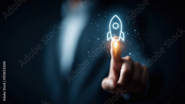 Fototapeta A person in a suit touches a glowing digital rocket icon, symbolizing innovation and startup launch.