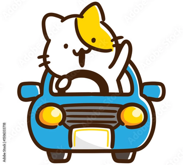 Obraz 青い車を颯爽と運転するかわいいねこのキャラクターのデフォルメイラスト