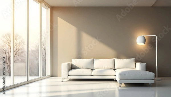 Fototapeta Simple yet stylish minimalist modern living room with white couch and wall in soft natural lighting