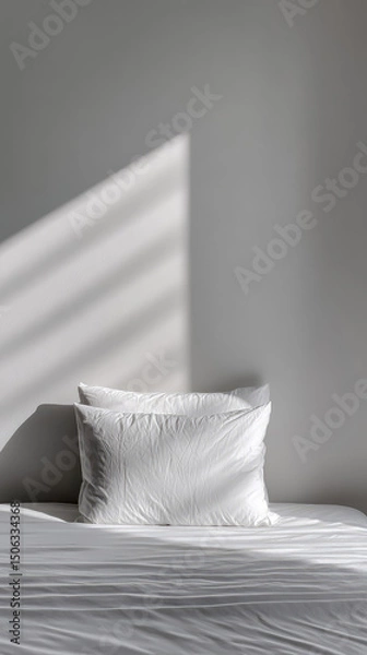 Fototapeta White pillow on bed with soft sunlight and shadow