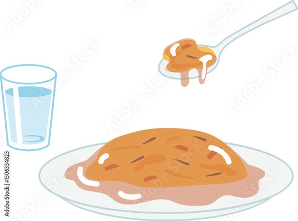 Obraz 水と天津飯、食べかけのスプーンのベクターイラスト