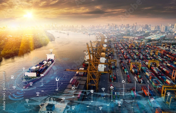 Fototapeta Aerial top view containers ship cargo business commercial logistic and transportation international import export by container freight cargo ship with ocean network on map