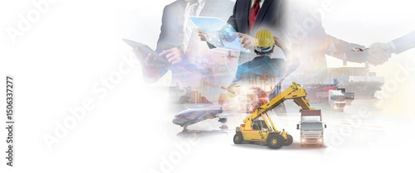 Fototapeta The double exposure image of the businessman using a smartphone during sunrise overlay with Logistics and transportation of Container Cargo ship and Cargo plane