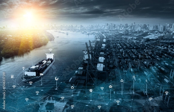 Fototapeta Aerial top view containers ship cargo business commercial logistic and transportation international import export by container freight cargo ship with ocean network on map 