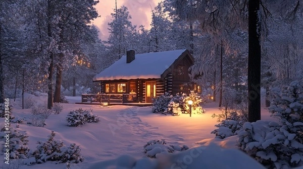 Obraz Cozy Cabin in Snowy Forest at Dusk