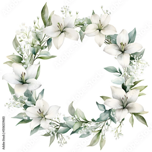Fototapeta White lily floral wreath with green leaves and delicate flowers isolated on transparent background