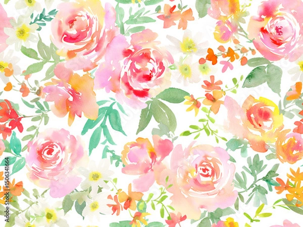 Obraz PNG Seamless pattern of abstract pink roses and wild flowers painted in watercolor. Floral wallpaper pattern in watercolor. Hand painted botanical pattern with transparent background.