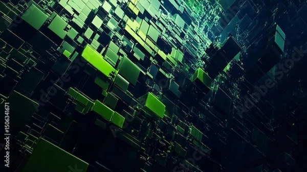 Fototapeta Abstract 3D Cubes Background, Technology And Geometric Design With Blue And Green Light Effects