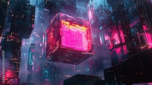 Obraz Abstract glowing red and blue transparent cubes in a futuristic digital space.