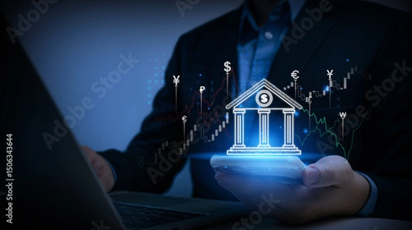 Fototapeta Virtual Banking and Global Economy and Secure Online Transactions.Innovative Financial Technology and Banking Concept with Digital Transformation, AI, Blockchain, and Analytics for Modern Finance.