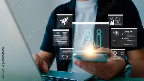 Obraz Artificial intelligence, businessman uses AI technology to help analyze big data and AI machine learning to use generative AI for business support,Data mining, Futuristic technology transformation.