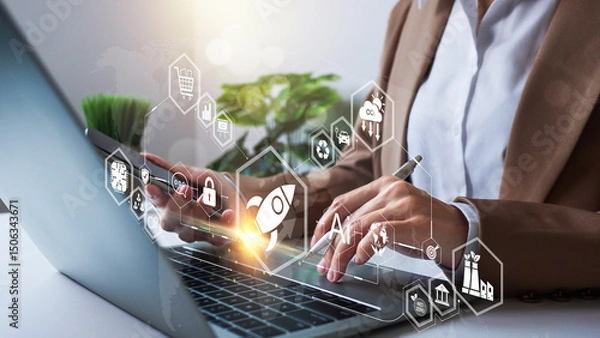 Obraz Global tech startup innovates to connect customers worldwide. Resource management for sustainability. Startup concept plan development business project digital technology idea.