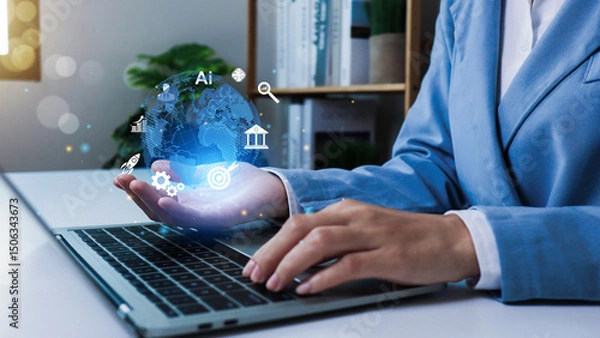 Obraz Global Internet connection cloud computing. Business global internet connection application technology, digital marketing, Financial and banking, Digital link tech, big data, Hand holding Light bulb.