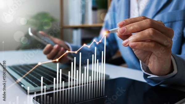 Obraz Trading increase revenue asset and profit icon concept. Business hand holding Chart stock market growth rate and growing arrow, analyzing investment diagram in business.