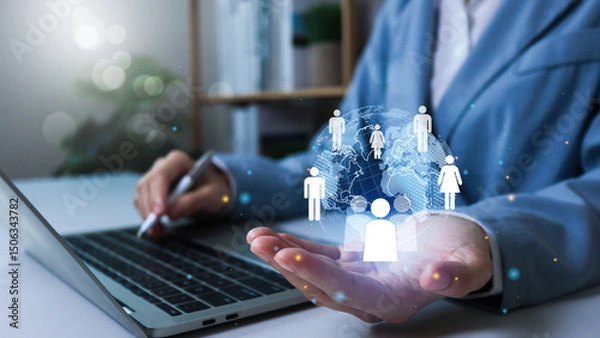 Obraz Customer Relationship Management (CRM), Businessman use tablet with global structure customer network technology, Data exchanges development. human resources, social media. digital marketing online.
