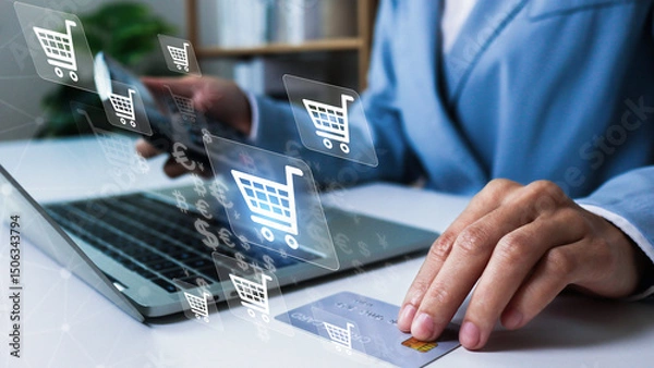 Obraz Man using smartphone online shopping and payment via mobile banking apps. financial technology, Digital banking network, internet payment and digital wallet.
