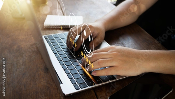 Obraz Customer use labtop to Submit Customer Feedback with Digital Satisfaction Ratings. Customer Service, and Online Consumer Interaction in Business Platform, Featuring Virtual Icons for Positive Review.