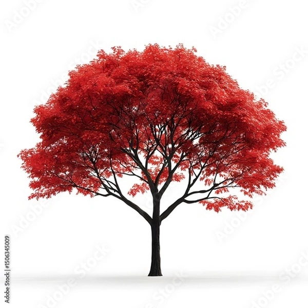 Fototapeta Vibrant Red Autumn Tree with Dense Foliage and Strong Black Trunk Isolated on White Background for Fall Season Nature Scene and Landscape Illustration