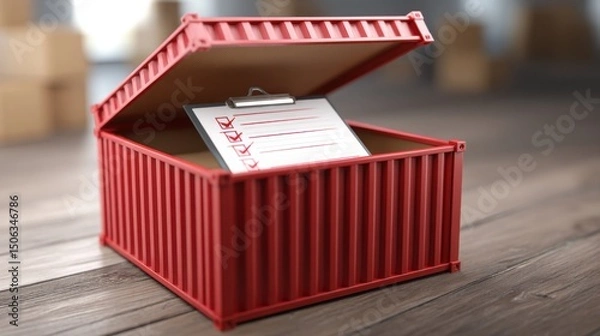 Obraz Red container with clipboard on it representing international shipment file concept for container with essential documentation