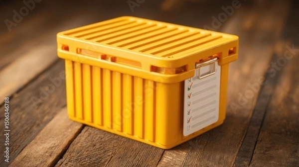 Obraz Yellow box on wooden table representing international shipment file concept for container with comprehensive documentation