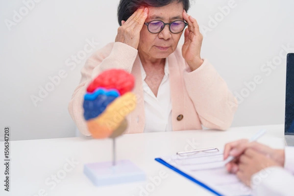 Fototapeta Elderly Patient consulting Doctor to Brain disease, Senior Health Medical Diagnosis. Anatomy Brain model for Explanation, Brain Tumor, neurological disorders, Dementia, alzheimer, parkinson and Mental