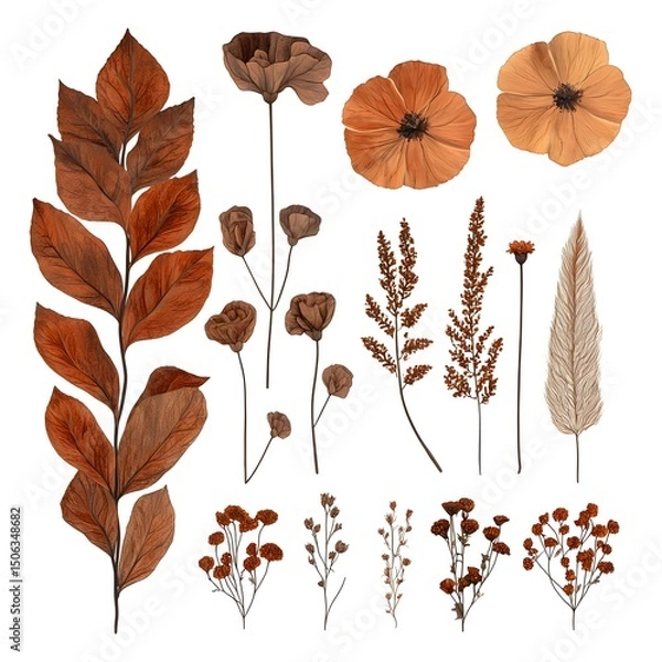 Obraz Collection of dried autumn leaves flowers and seed pods including large brown leaves small floral buds and feathered seed head for nature craft design