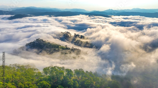 Obraz Aerial view of the Cau Dat suburbs near Da Lat city at morning with misty sky in Vietnam highlands