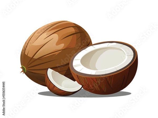 Fototapeta Whole coconut and pieces isolated on white background
