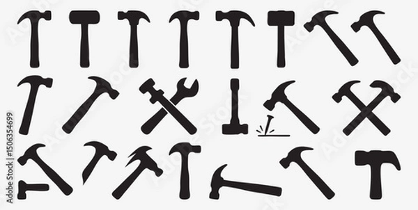 Fototapeta Vector Illustration Set Featuring Various Hammer Silhouettes and Tool Combinations Ideal for Construction Carpentry and Repair Themes with Clean Design and Versatile Usage