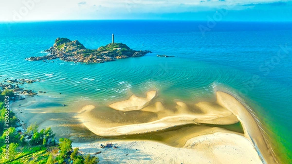 Obraz Aerial view of sea Mui Ne, Vietnam see the whole bay of Ke Ga from north to south shore very large with sea waves, ships, reefs, ancient lighthouse is tourism potential Status of Vietnam.