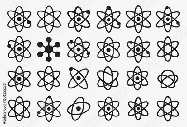 Obraz Vector Graphics Collection of Atomic Symbols Depicting Scientific Concepts and Theoretical Physics with Abstract Representations of Nuclei and Orbiting Electrons Perfect for Education and Design