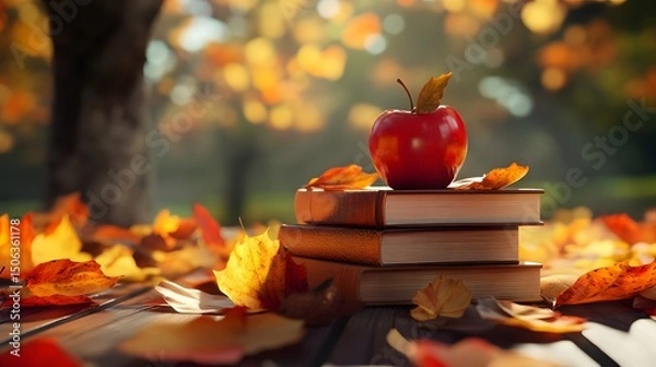 Obraz Autumn scene featuring a red apple on books surrounded by fallen leaves outdoors
