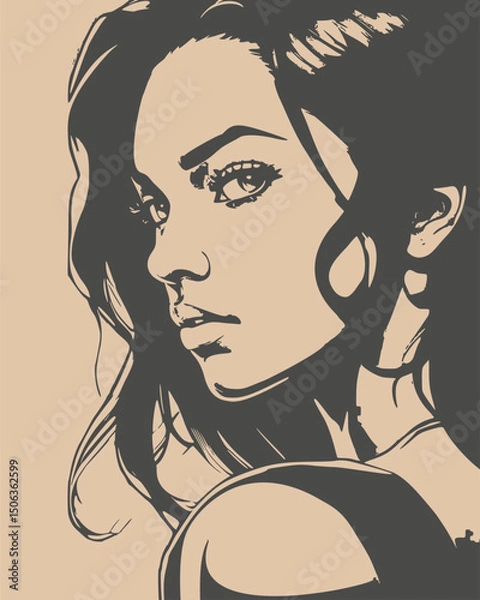 Fototapeta Young woman face front view in low key style. Elegant silhouette of a female head.