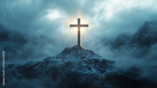 Fototapeta A cinematic shot of a large crucifix on a snow-capped mountain, clouds swirling, shafts of golden light breaking through storm, divine atmosphere. Vast landscape, icy textures. Cool white tones,