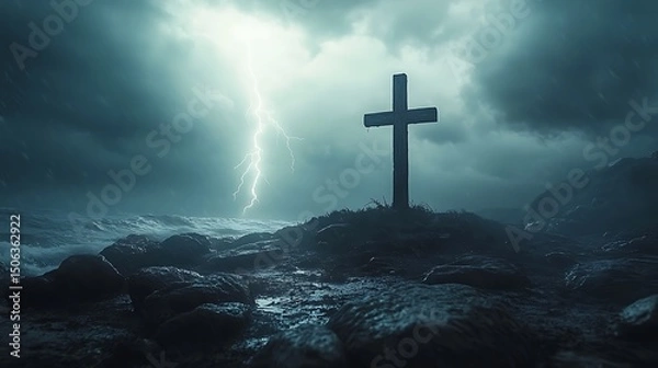 Fototapeta A cinematic shot of a wooden cross on hilltop, wind howling, dark clouds overhead, bright white lightning illuminating cross silhouette. Stormy sea in background, wet rocks glistening.