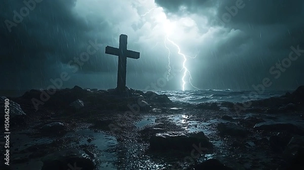 Fototapeta A cinematic shot of a wooden cross on hilltop, wind howling, dark clouds overhead, bright white lightning illuminating cross silhouette. Stormy sea in background, wet rocks glistening.