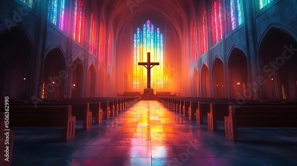 Fototapeta A cinematic shot of a wooden crucifix inside a cathedral, stained glass casting rainbow reflections across the pews, grand arches towering above, serene mood. Empty rows of seats, subtle lens flare.
