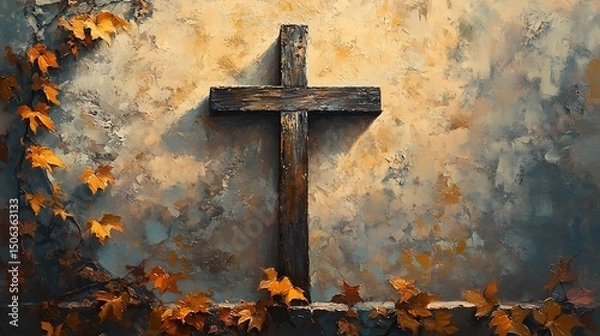 Fototapeta A detailed painting of a wooden crucifix mounted on a weathered stone wall, ivy climbing gracefully, golden evening light. Background of old chapel ruins, fallen leaves scattered below.