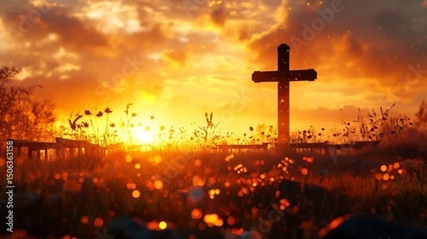 Fototapeta A digital artwork showing a crucifix silhouette at sunrise, radiant golden sky, soft clouds drifting, dewy grass reflecting light. Background of stone benches and flowers. Warm gold tones,