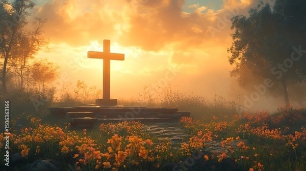 Fototapeta A digital artwork showing a crucifix silhouette at sunrise, radiant golden sky, soft clouds drifting, dewy grass reflecting light. Background of stone benches and flowers. Warm gold tones,