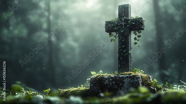 Fototapeta A digital artwork showing a vintage crucifix on moss-covered stone, ivy weaving around the cross, dew on leaves, soft morning mist. Forest edge in background, blurred trees, ethereal glow.