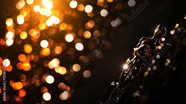 Fototapeta Close-up of a golden film award trophy on dark velvet background with soft spotlight illumination, engraved details, symbolizing achievement, recognition, and prestige in the entertainment industry.