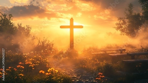 Fototapeta A digital artwork showing a crucifix silhouette at sunrise, radiant golden sky, soft clouds drifting, dewy grass reflecting light. Background of stone benches and flowers. Warm gold tones,