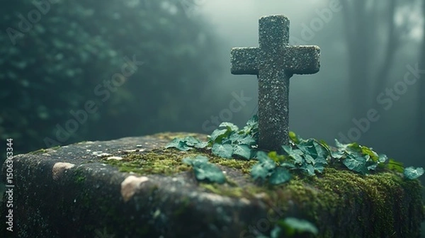 Fototapeta A digital artwork showing a vintage crucifix on moss-covered stone, ivy weaving around the cross, dew on leaves, soft morning mist. Forest edge in background, blurred trees, ethereal glow.