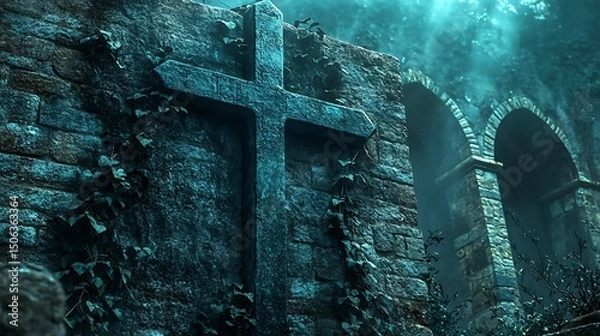 Fototapeta A gothic-inspired depiction of a vintage crucifix on an old stone wall, heavy ivy covering edges, moonlight casting eerie shadows. Background of medieval courtyard, stone arches, faint mist.